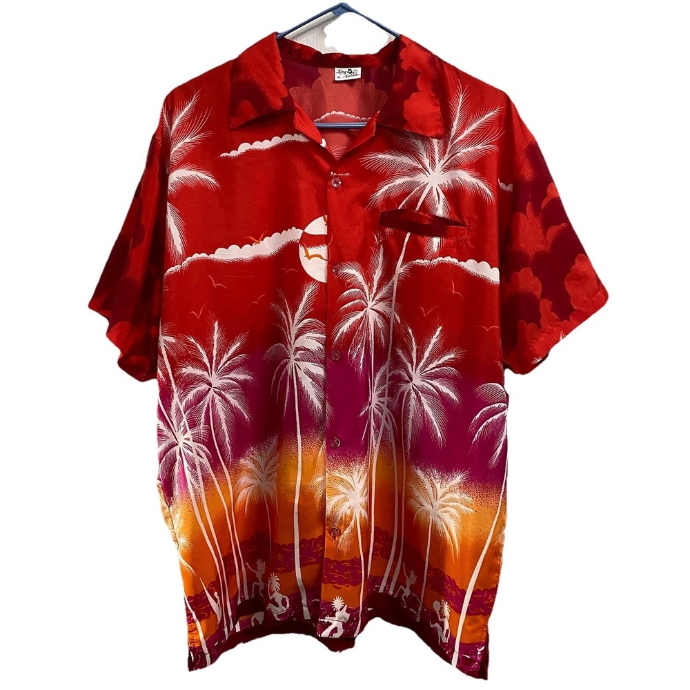 King Kameha Mens Red Hawaiian Shirt Surfer Sunset Palm Trees Lightweight Sz. XL